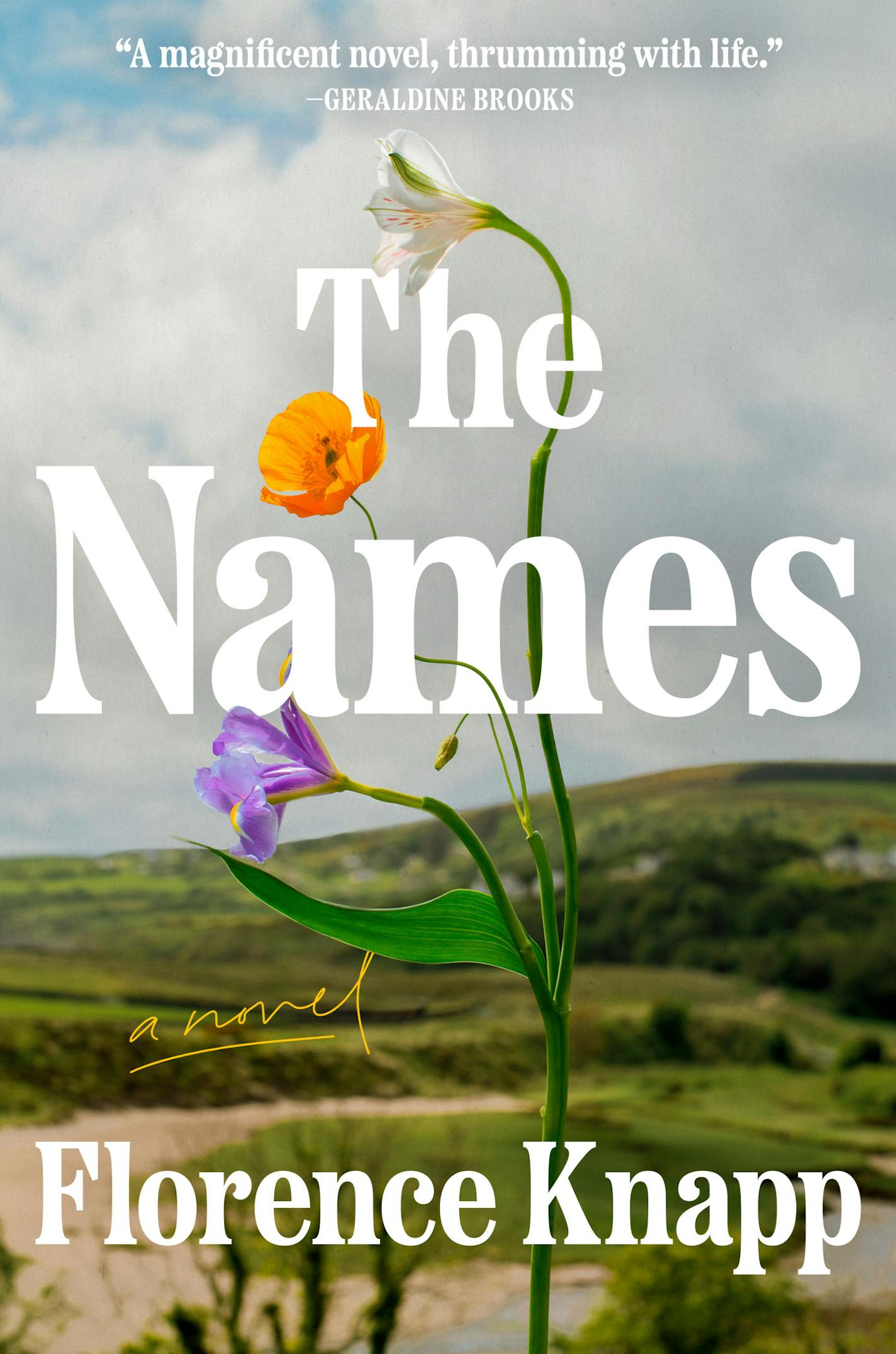 cover of The Names features closeups of wildflowers with a hillside in the background