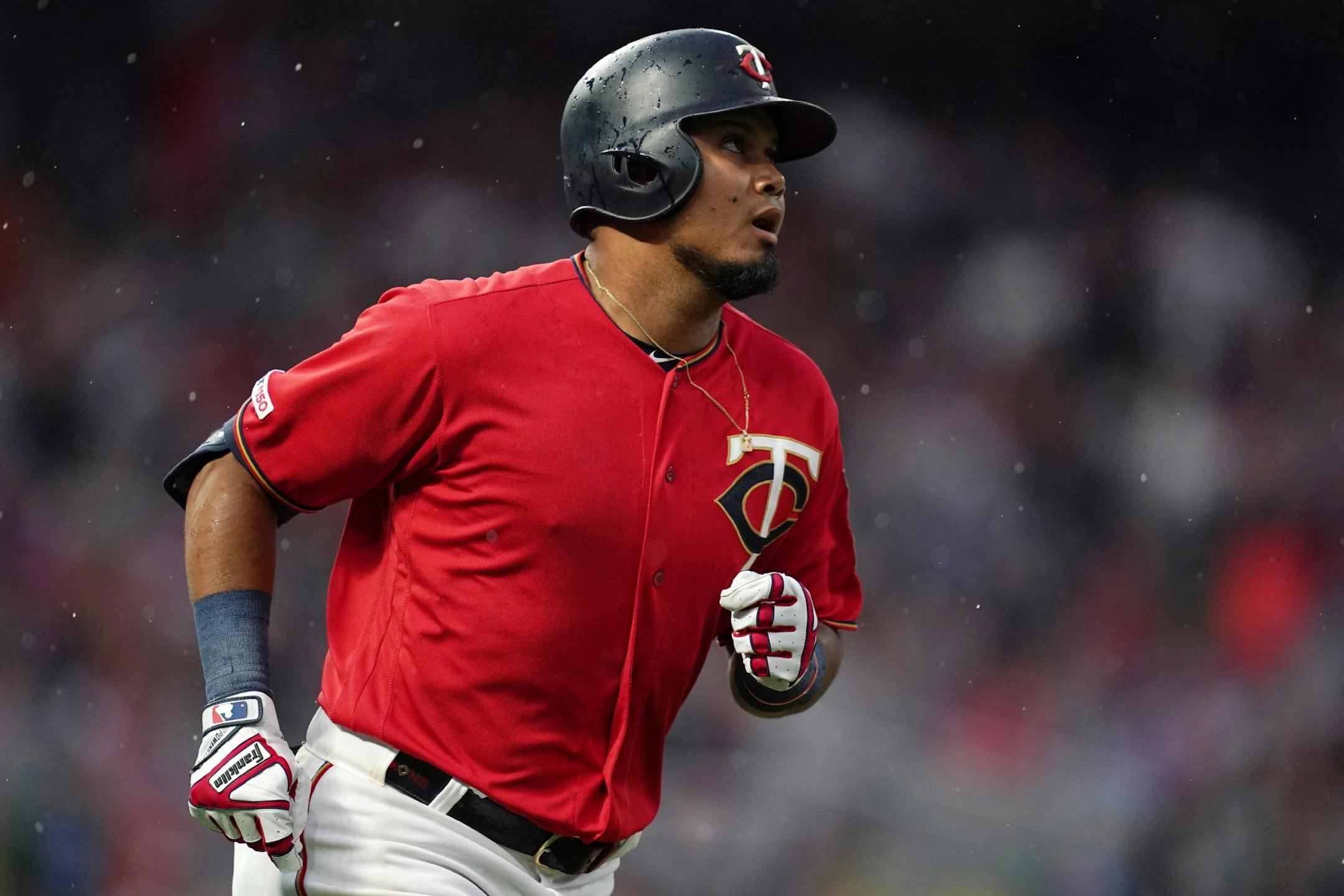 Minnesota Twins third baseman Luis Arraez (2) watched as he ran down the first base line after hitting a home run in the second inning.