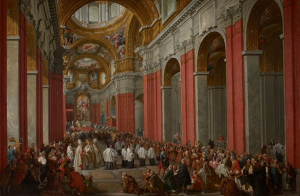 The church almost upstages the people in Giovanni Paolo Panini's "The Consecration of Giuseppe Pozzobeonelli as Archbishop in San Carlo al Corso," a b