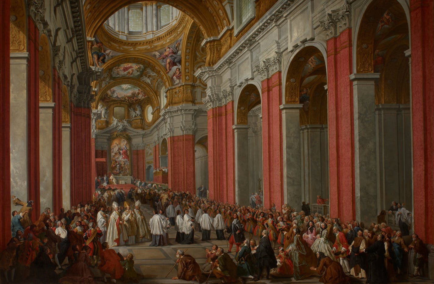 The church almost upstages the people in Giovanni Paolo Panini's "The Consecration of Giuseppe Pozzobeonelli as Archbishop in San Carlo al Corso," a bird's-eye view of a 1743 ceremony in Rome.