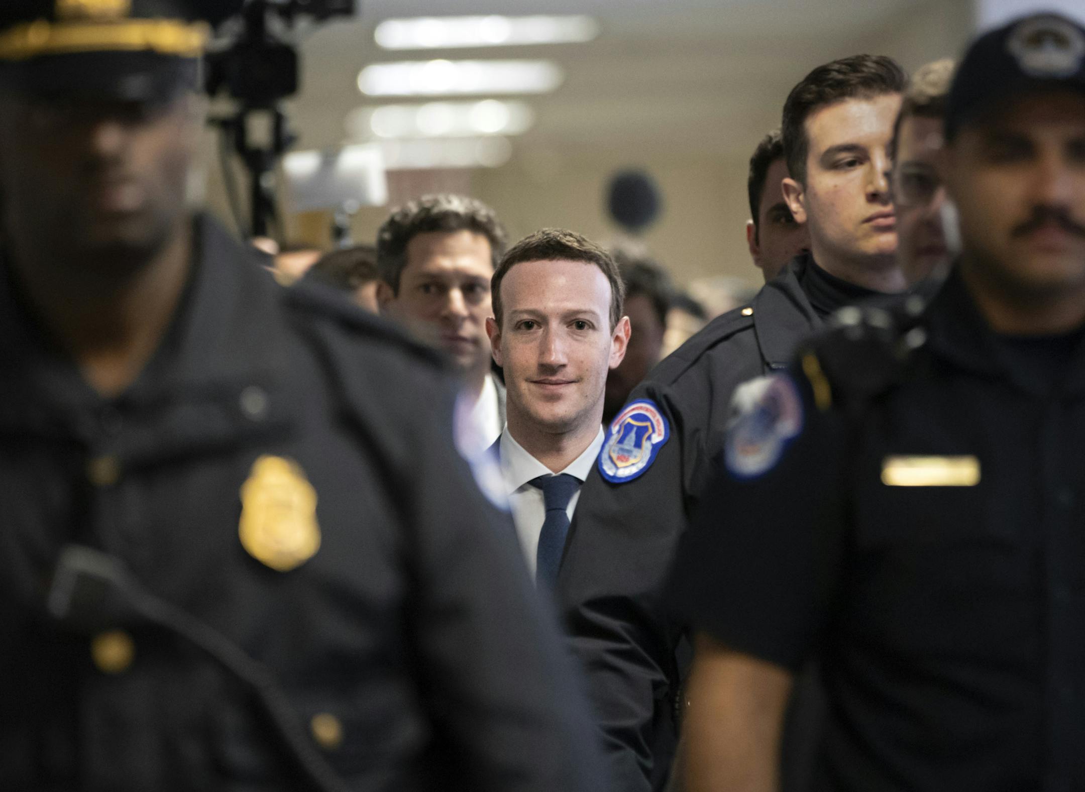 Facebook CEO Mark Zuckerberg arrives on Capitol Hill in Washington, Monday, April 9, 2018, to meet with Sen. Dianne Feinstein, D-Calif., the ranking member of the Senate Judiciary Committee. Zuckerberg will testify Tuesday before a joint hearing of the Commerce and Judiciary Committees about the use of Facebook data to target American voters in the 2016 election. (AP Photo/J. Scott Applewhite)