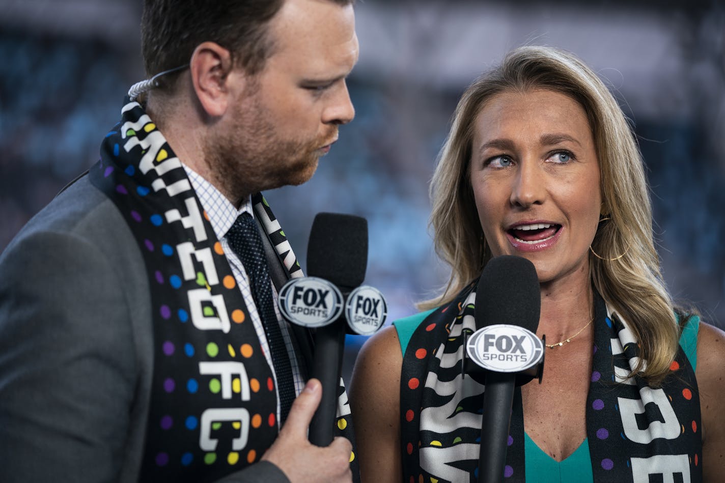 Kyndra de St. Aubin, right, and Callum Williams talk live during the pre-game broadcast. ] LEILA NAVIDI &#xa5; leila.navidi@startribune.com BACKGROUND INFORMATION: Kyndra de St. Aubin and Callum Williams talk during the pre-game broadcast before the Minnesota United match against Philadelphia Union at Allianz Field in St. Paul on Sunday, June 2, 2019.