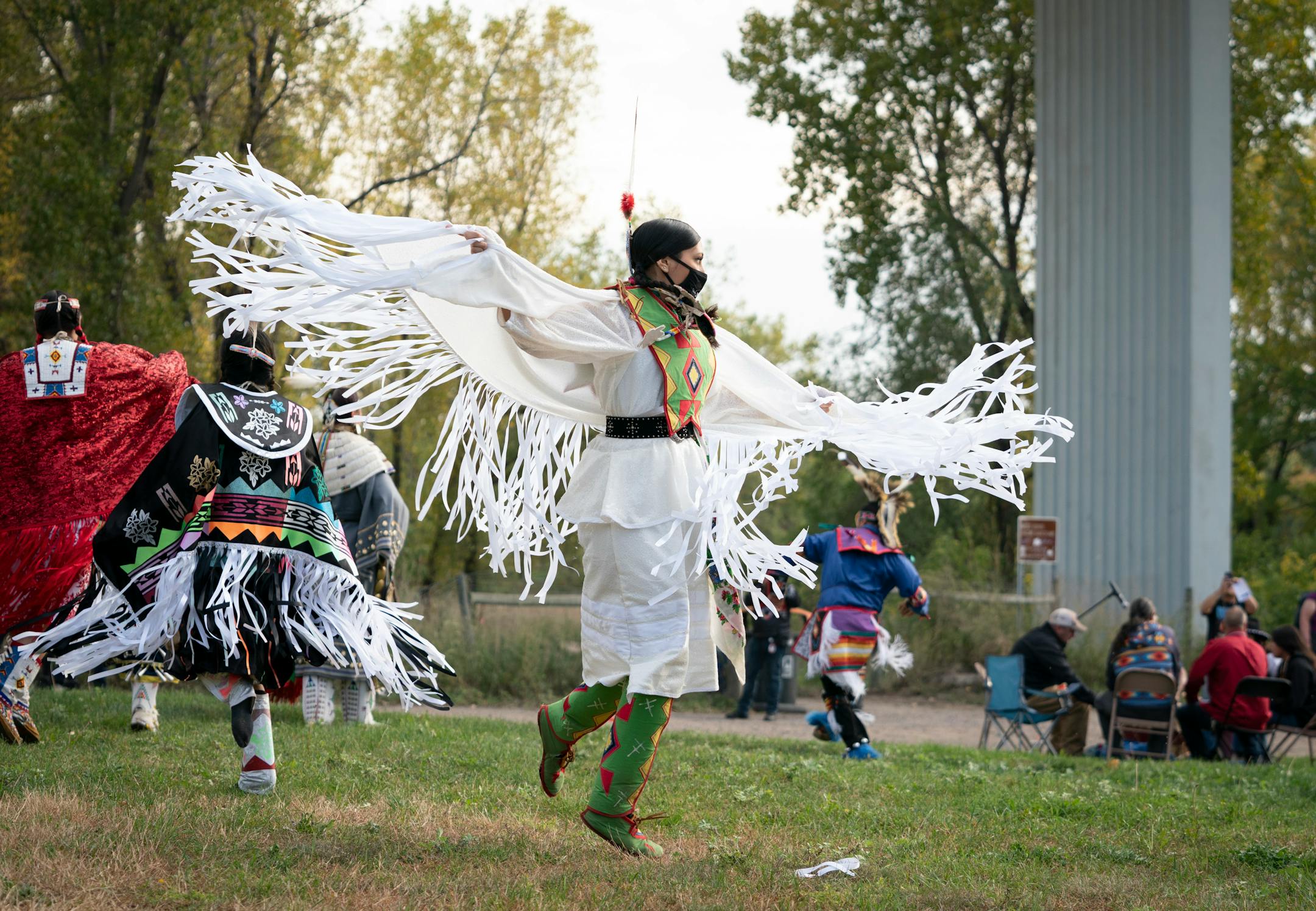Miiskogihmiiwan Poupart-Chapman danced with other American Indian dancers during Indigenous Peoples Day ceremony held to dedicate and honor the land that will house the new Wakan Tipi Center in St. Paul, Minn., on Monday, October 11, 2021.