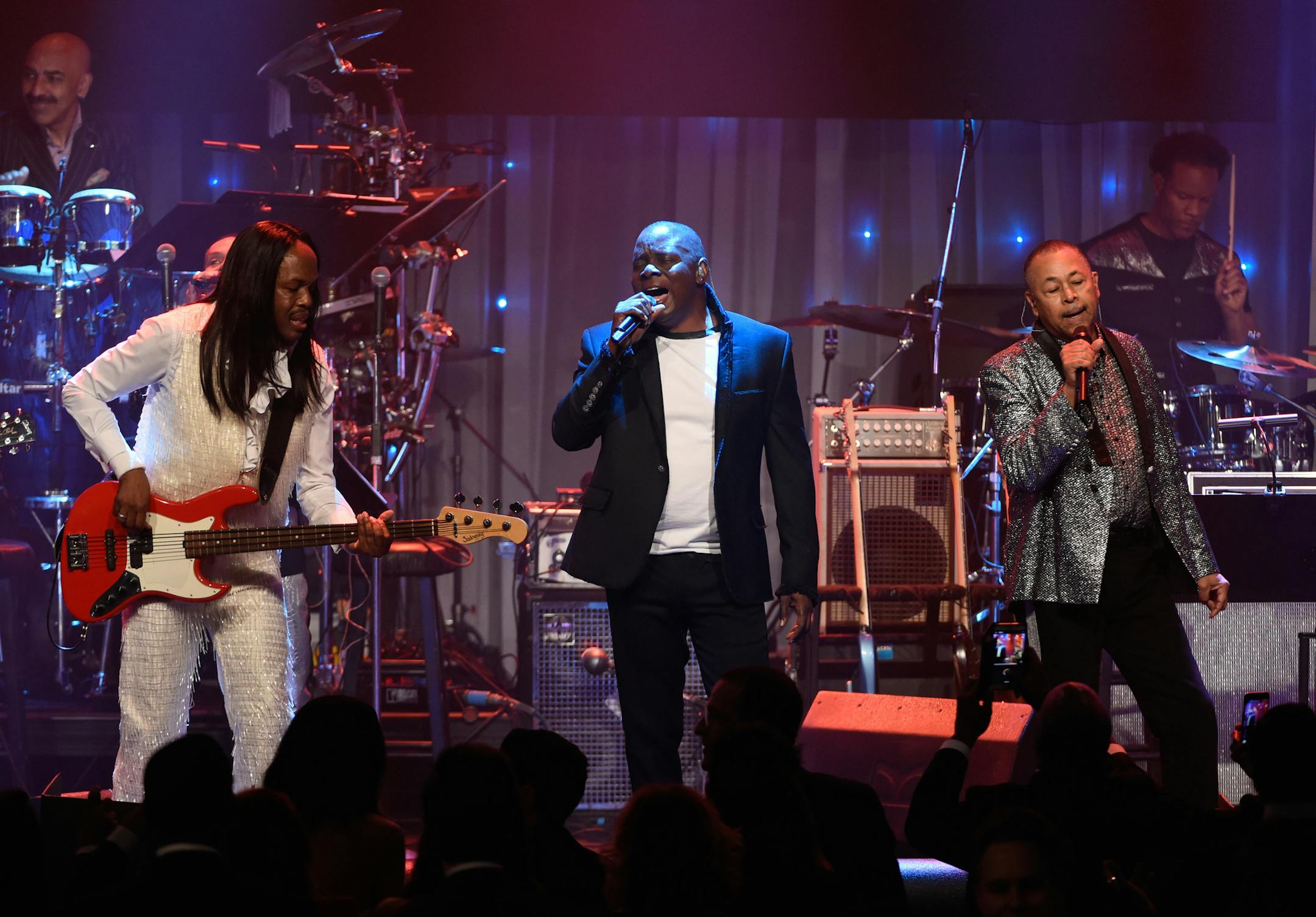 Verdine White, from left, Maurice White and Ralph Johnson of Earth, Wind and Fire perform at the 2016 Clive Davis Pre-Grammy Gala at the Beverly Hilton Hotel on Sunday, Feb. 14, 2016, in Beverly Hills, Calif. (Photo by Chris Pizzello/Invision/AP)