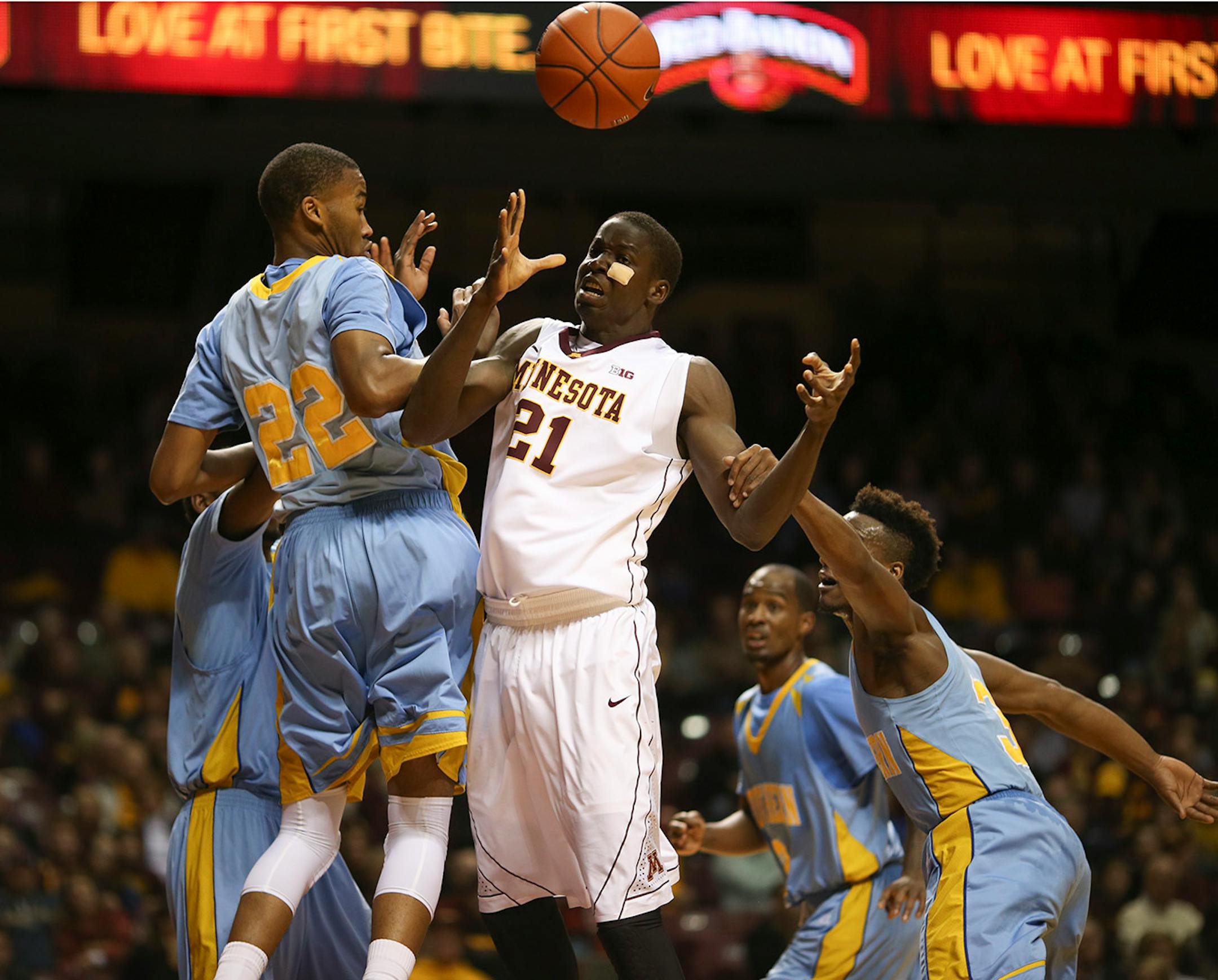 Bakary Konate (21) almost certainly will be the Gophers' starting center next year and his progress will be a major determining factor to whether the team can compete in the Big Ten with an extremely young roster or whether they're in for another disappointing year.
