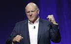 Steve Ballmer, former CEO of Microsoft, emphasizes a point while addressing a plenary session entitled "Civil Engagement: Understanding Government by 