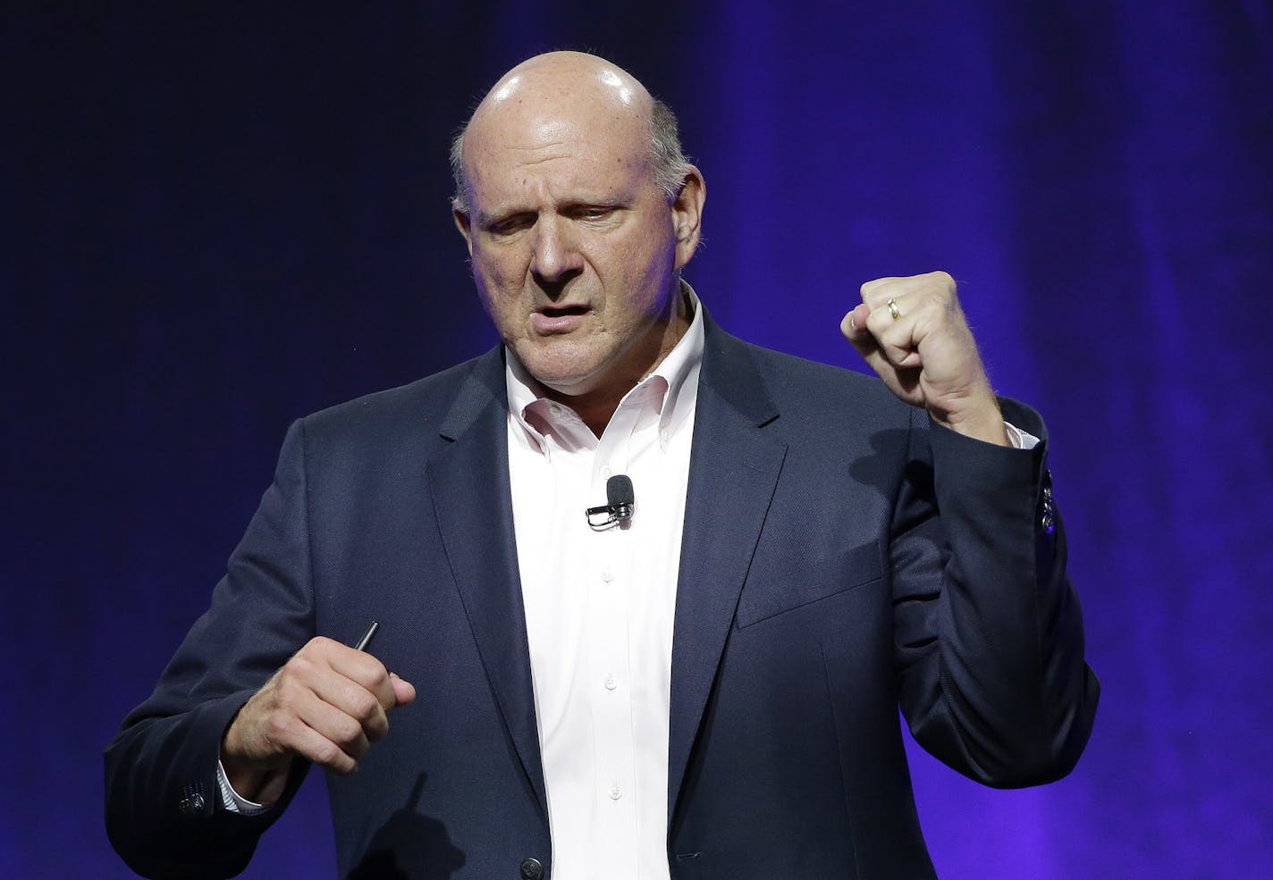 Steve Ballmer, former CEO of Microsoft, emphasizes a point while addressing a plenary session entitled "Civil Engagement: Understanding Government by the Numbers" on the third day of the National Governors Association's meeting Saturday, July 15, 2017, in Providence, R.I. (AP Photo/Stephan Savoia)