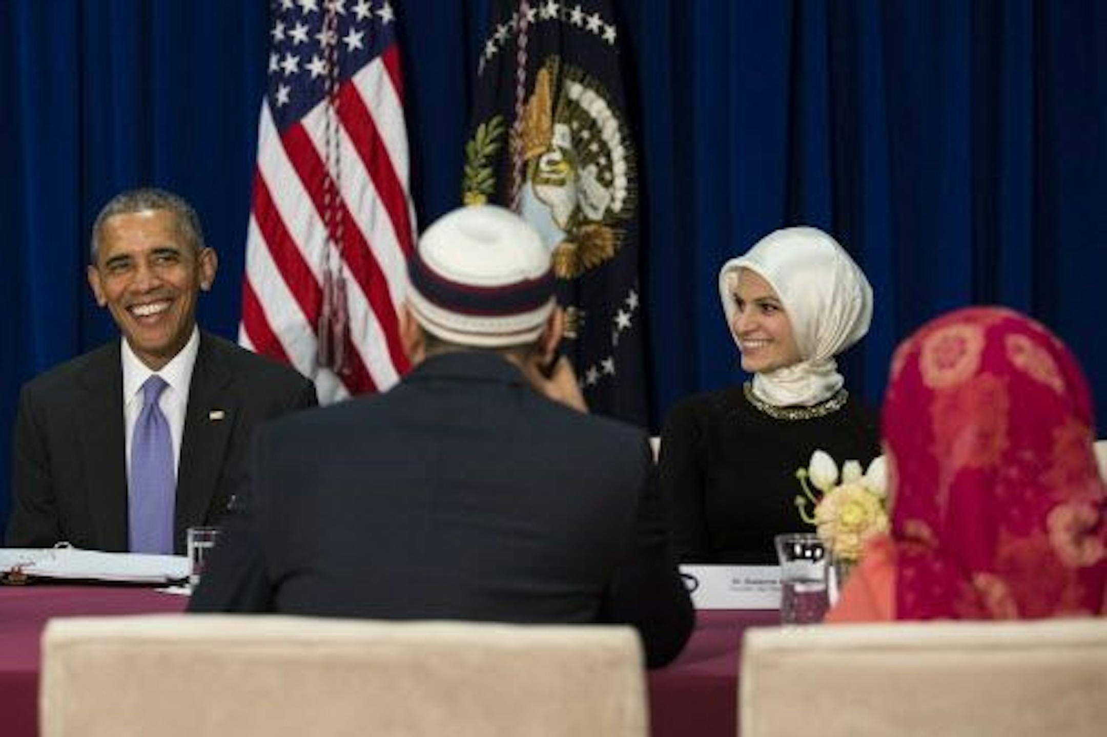 President Barack Obama meets with Muslim community members at the Islamic Society of Baltimore, in Baltimore, Md., Feb. 3, 2016. The meeting, a round-table discussion about anti-Muslim vitriol and violence, was Obama�s first visit as president to a mosque in the United States.