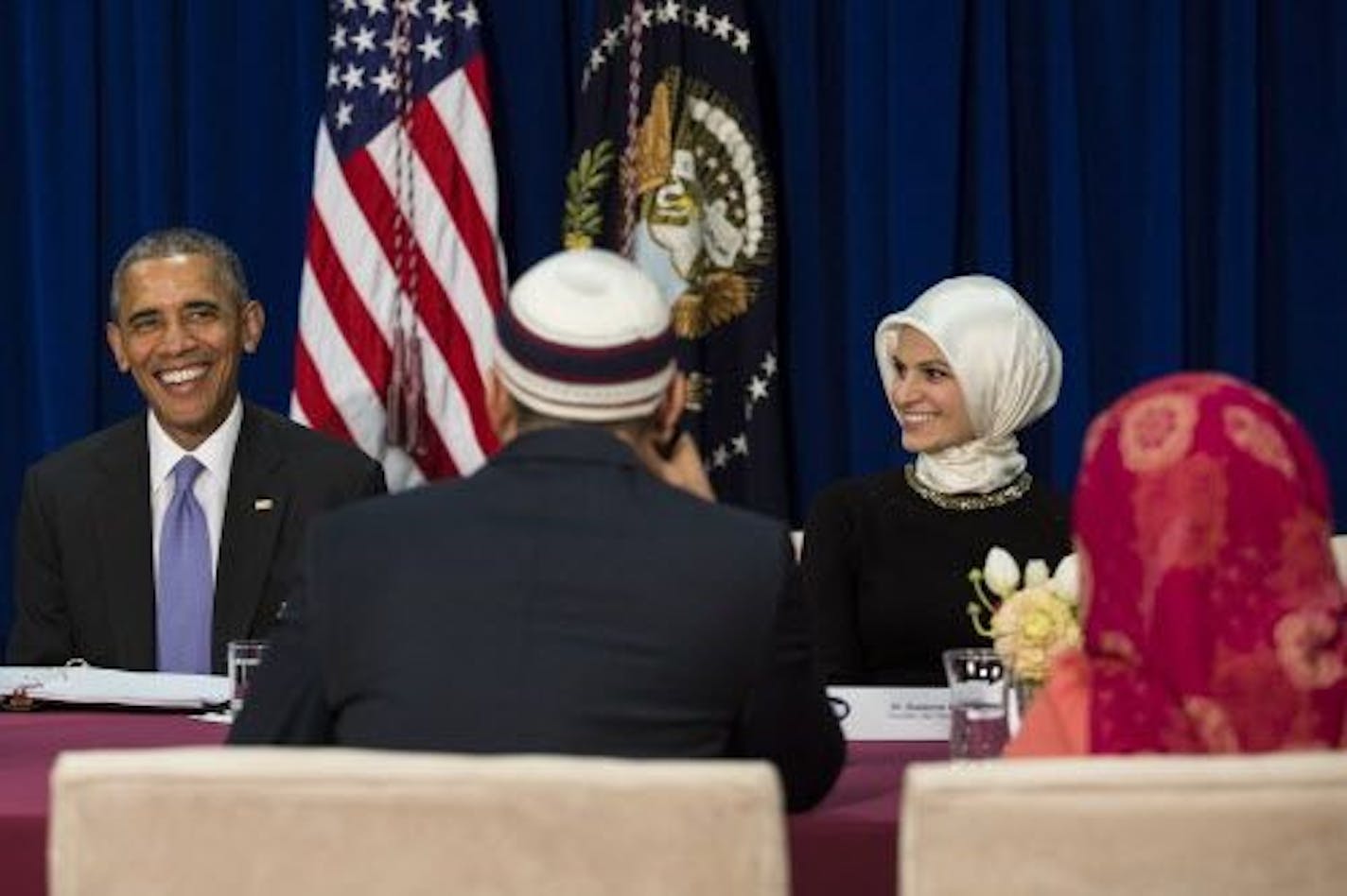 President Barack Obama meets with Muslim community members at the Islamic Society of Baltimore, in Baltimore, Md., Feb. 3, 2016. The meeting, a round-table discussion about anti-Muslim vitriol and violence, was Obama�s first visit as president to a mosque in the United States.