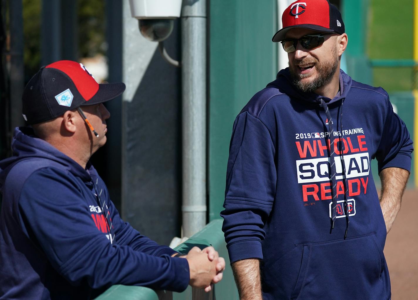 Twins manager Rocco Baldelli chatted with pitching coach Wes Johnson as players stretched before workouts Thursday morning. ] ANTHONY SOUFFLE &#x2022; anthony.souffle@startribune.com Minnesota Twins players and coaches took part in the first official workout for pitchers and catchers during Spring Training Thursday, Feb. 14, 2019 at The CenturyLink Sports Complex and Hammond Stadium in Fort Myers, Fla.