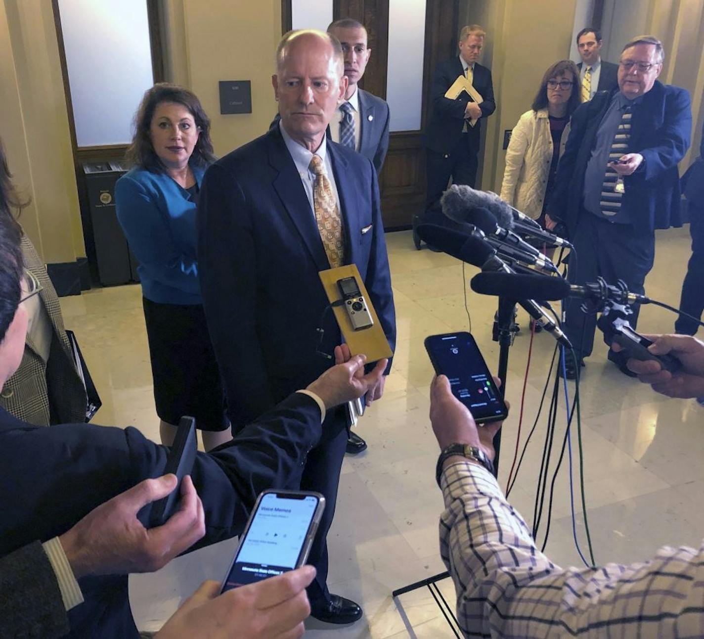 Republican Minnesota Senate Majority Leader Paul Gazelka speaks with reporters at the state Capitol in St. Paul, Minnesota, on Monday, May 6, 2019, during a break in talks with Democratic Gov. Tim Walz and House Democratic leaders on setting budget targets to guide negotiations for ending the 2019 legislative session.