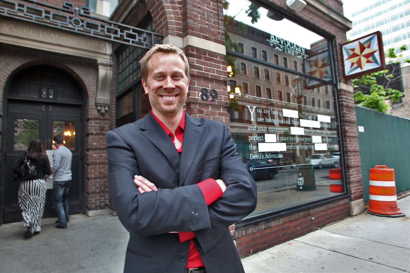 The Devil's Advocate is a new bar and restaurant that has opened in downtown Minneapolis.  The bar has 40 tap craft beers and a menu consisting of artisanal meatballs.  Erik Forsberg is the new owner. Owner Erik Forsberg with the exterior of the bar/restaurant in the background. (MARLIN LEVISON/STARTRIBUNE(mlevison@startribune.com (cq Erik Forsberg )