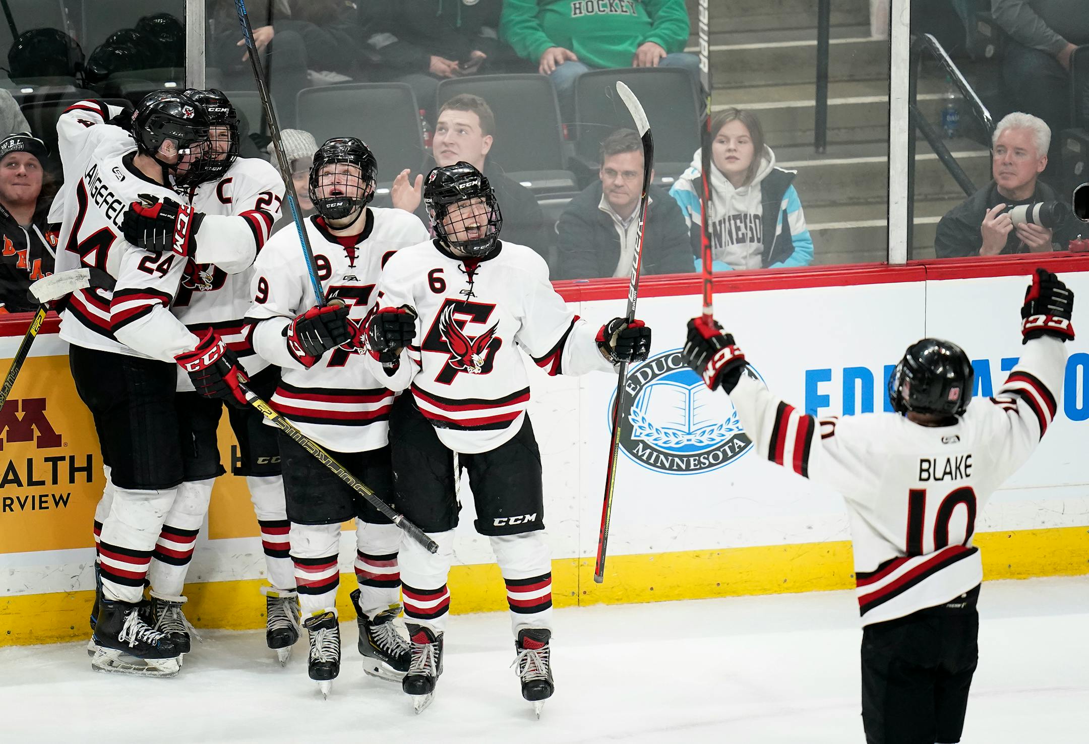 Eden Prairie forward Ben Steeves (6) celebrated one of his two goals in the second period on Thursday vs. Lakeville South.