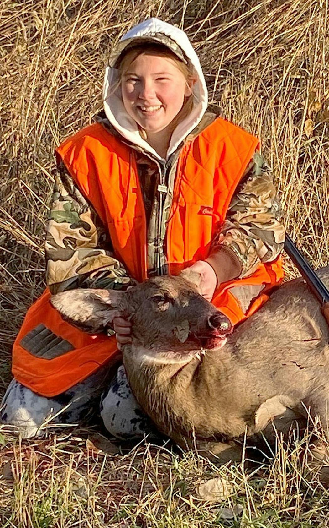 Kylee Kaderabek, 12, from Lakefield, Minn., was in her grandpa’s deer blind 5 miles south of town with her dad, Rustin. This doe surprised them by walking right beside the blind, stopping just 20 yards away to give Kylee a clean shot with her slug gun.