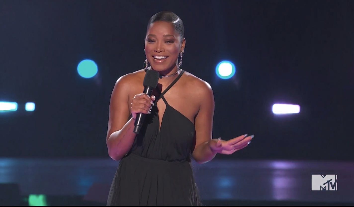 In this video grab issued Sunday, Aug. 30, 2020, by MTV, host Keke Palmer speaks at the conclusion of the MTV Video Music Awards.