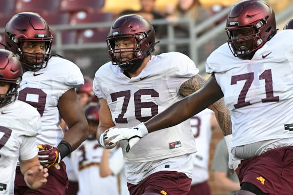 Gophers offensive lineman Chuck Filiaga (76), a transfer from Michigan, looks poised to fill a key need for P.J. Fleck’s team this season.