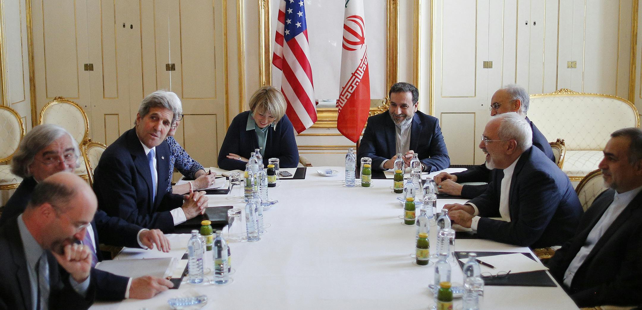 Secretary of State John Kerry, third left, and Iranian Foreign Minister Mohammad Javad Zarif, second right, during a meeting in Vienna, July 1, 2015. While negotiators in Vienna continued high-level talks aimed at reaching a comprehensive accord in Iranís nuclear program before the recently extended deadline of July 7 Wednesday, it was announced Iranian President Hassan Rouhani will meet with the head of the International Atomic Energy Agency on Thursday in an effort to resolve differences