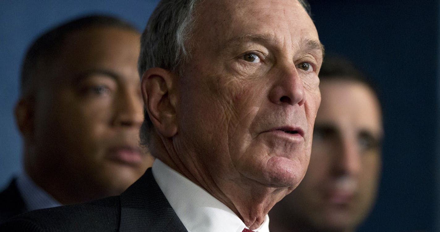 New York City Mayor Michael Bloomberg, center, with incoming Florida Senate Minority Leader Chris Smith, left, and Jon Soltz of VoteVets, right, and leaders of national African American organizations announces Wednesday, April 11, 2012 in Washington, a nationwide campaign to reform or repeal Florida-style "Shoot First&#xee; laws that have passed in states across the country. The grassroots campaign, "Second Chance on Shoot First&#xee; will target thousands of state lawmakers who have voted for t