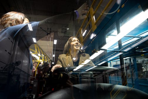 Vice President Kamala Harris got behind the wheel of an EV bus as she tours the final assembly plant for New Flyer electric buses, Thursday, Feb. 9, 2023  St. Cloud, Minn.