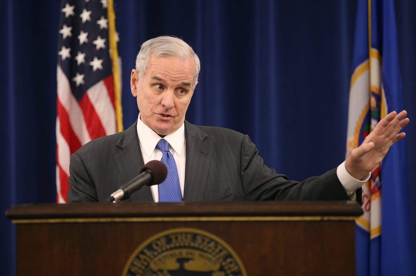 Minnesota Governor Mark Dayton gave his reaction to the November state budget forecast during a press conference at the Veteran's Building, Thursday, December 4, 2014 in St. Paul, MN.