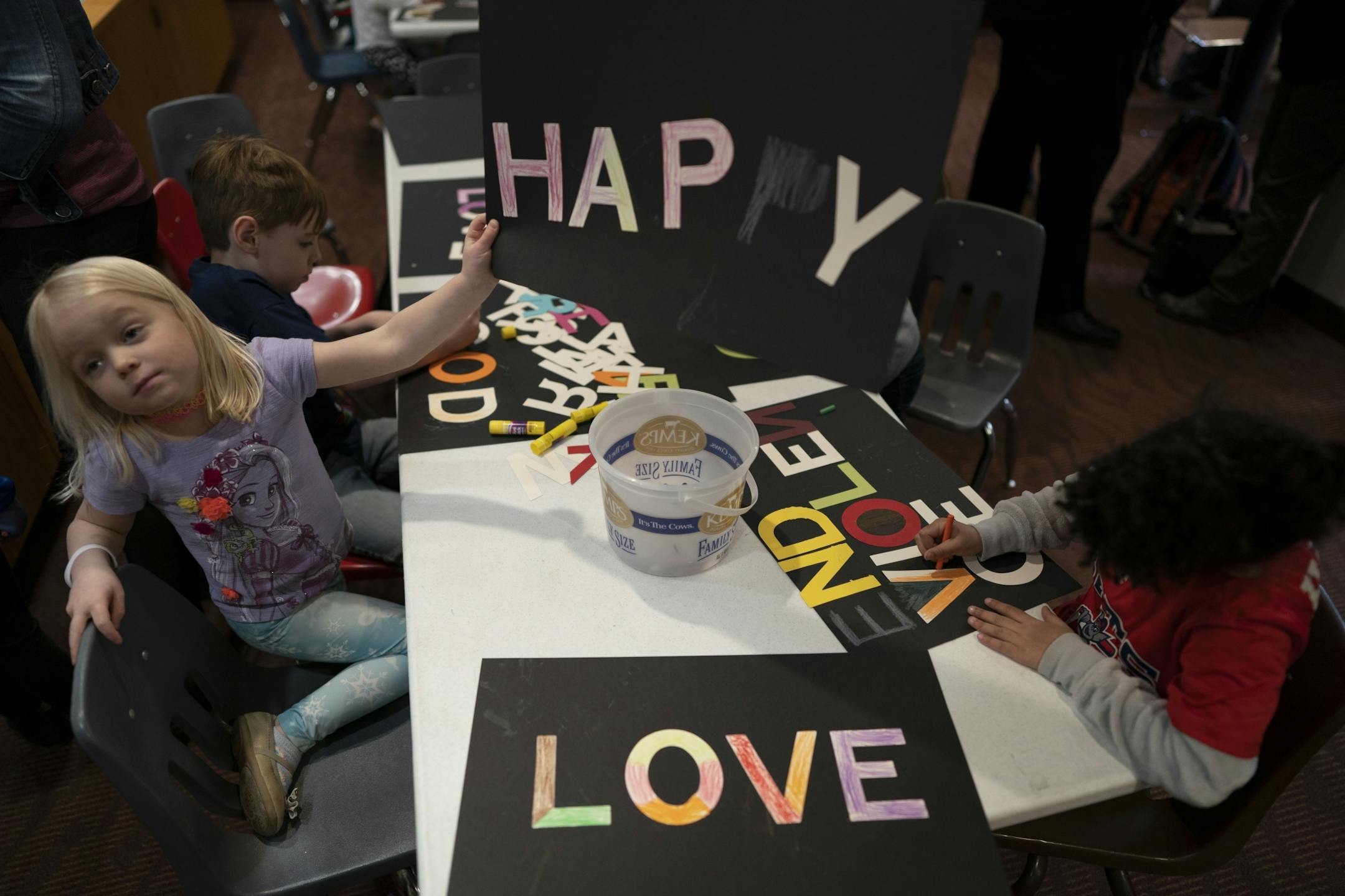 Nativity Lutheran Church is hosted it's 3rd annual MLK Day Celebration & Children's March. The community celebration is a collaboration between Saint Anthony Village Residents, Nativity Lutheran Church, Family Services Collaborative, Saint Anthony Village High School's Dare2BeReal Club. Savannah Foreman 4, left and Hannah Mordan 6, with the helps of parents made signs for the children's march Monday,January 21, 2019 in St Anthony, MN.