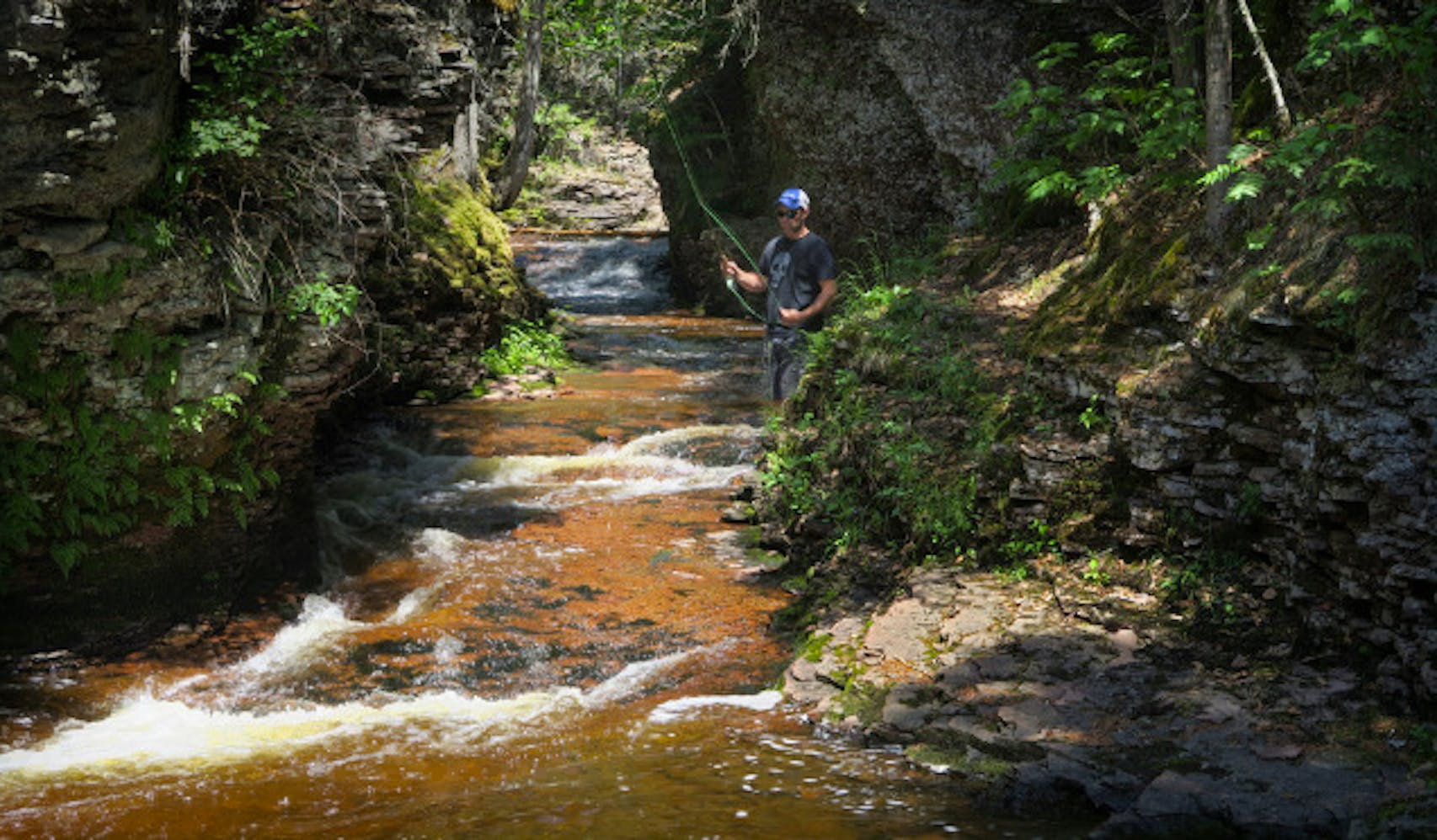 A fly angler worked the canyons of the Kadunce River on the North Shore.