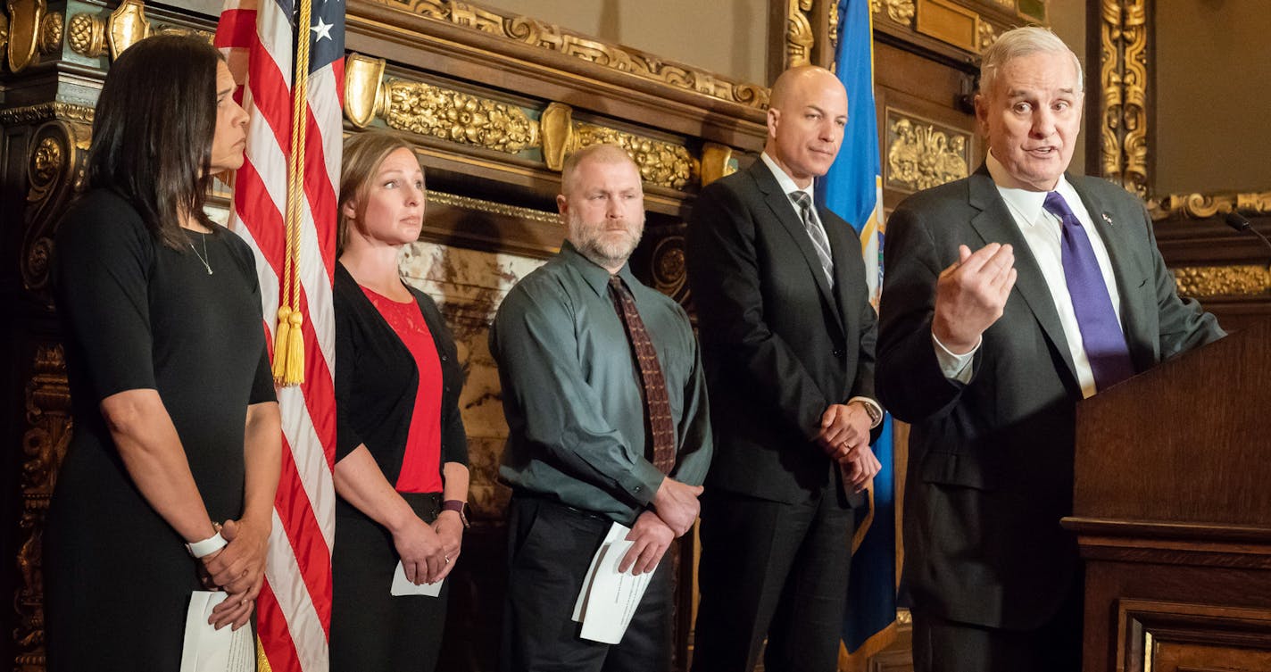 Governor Dayton and Education Commissioner Brenda Cassellius brought educators from around the state to help make the point that school budget shortfalls could result in hundreds of teacher layoffs and program eliminations. L to r are Mora High School teacher Joy Whitbred, Winona third grade teacher Matt Reuter, St. Paul School Superintendent Joe Gothard and behind Dayton Benson School Superintendent Dennis Laumeyer. ] GLEN STUBBE &#x2022; glen.stubbe@startribune.com Thursday, May 3, 2018 Govern