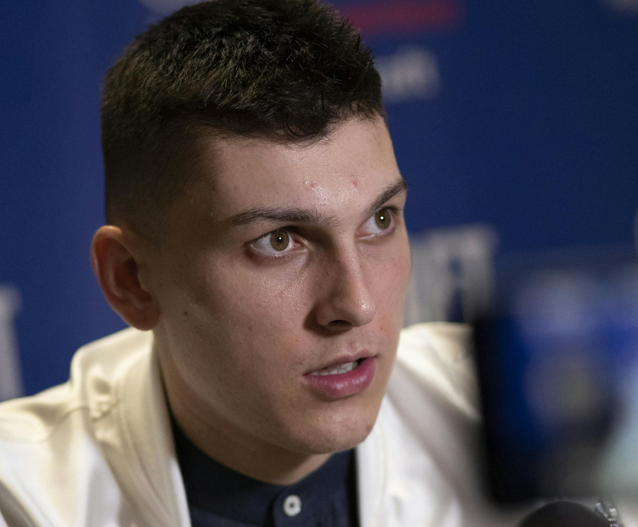 Tyler Herro, a freshman basketball player from Kentucky, attends the NBA Draft media availability, Wednesday, June 19, 2019, in New York. The draft will be held Thursday, June 20. (AP Photo/Mark Lennihan)