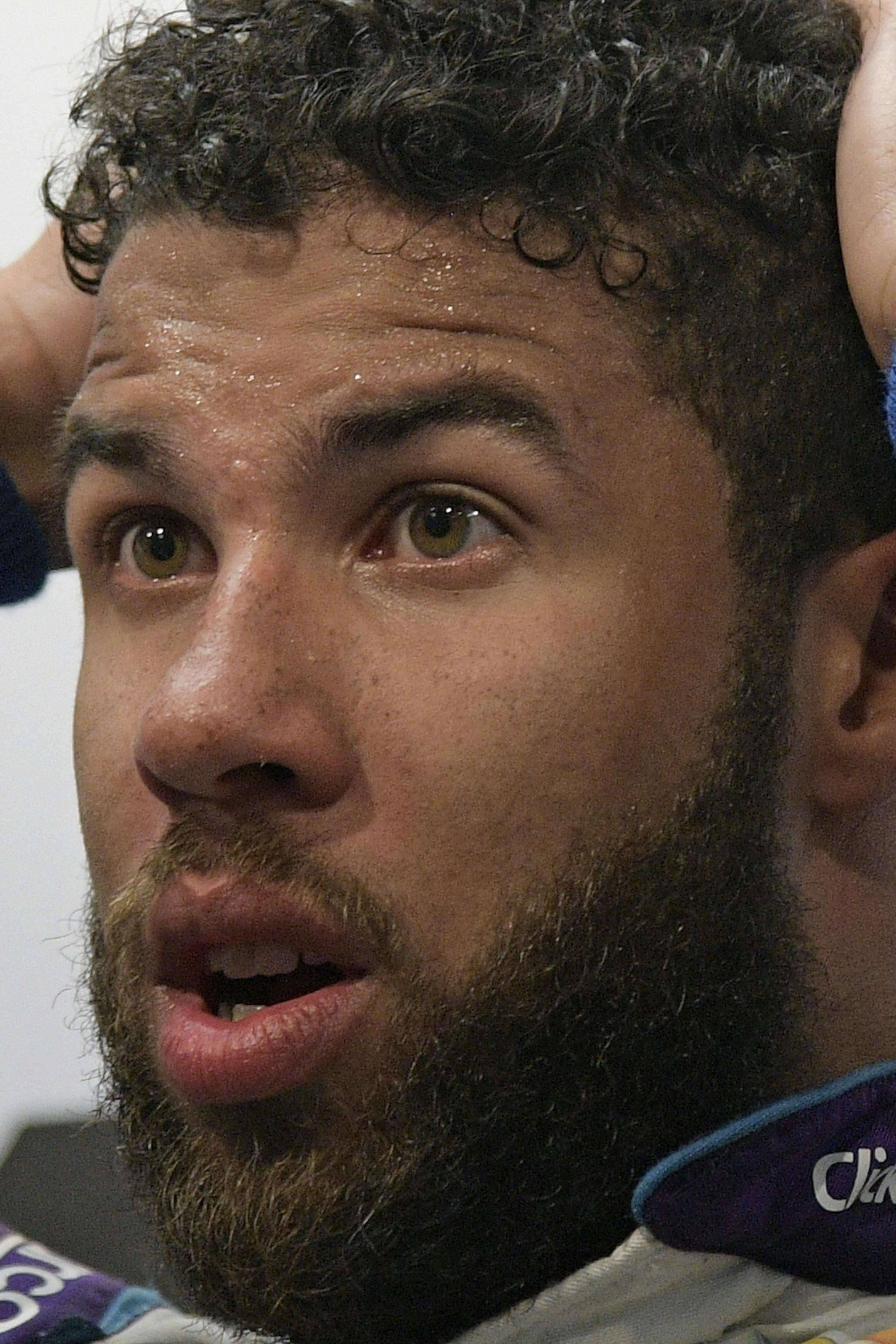 An emotional Darrell Wallace Jr. speaks to the media after finishing second in the NASCAR Daytona 500 Cup series auto race at Daytona International Speedway in Daytona Beach, Fla., Sunday, Feb. 18, 2018. (AP Photo/Phelan M. Ebenhack)