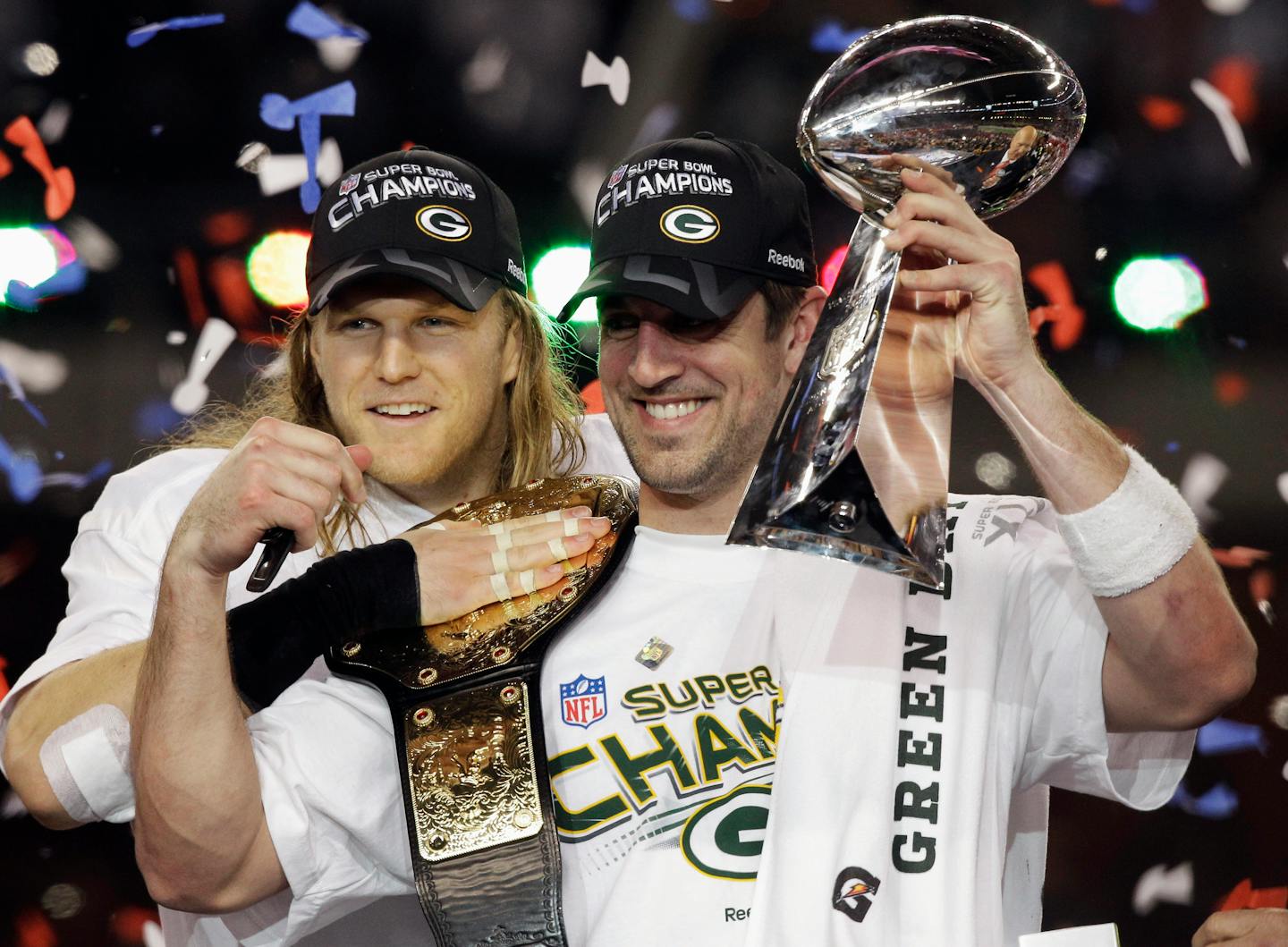 FILE - In this Feb. 6, 2011, file photo, Green Bay Packers' Aaron Rodgers, right, and Clay Matthews celebrate after the Packers' 31-25 win over the Pittsburgh Steelers in the NFL Super Bowl XLV football game in Arlington, Texas. Rodgers was named most valuable player of the game. (AP Photo/Chris O'Meara, File)