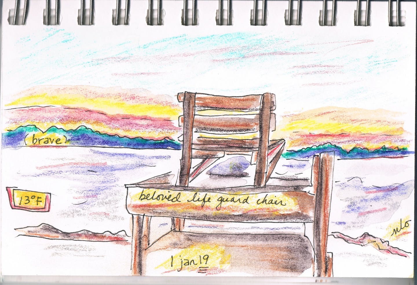 1jan19: There are two lifeguard chairs at north beach, lake harriet. I like the one on the left. sunset. resolutions. bravery. "happy new year," I say from my perch on the chair, gazing out at the miraculous ice. surprisingly, the lifeguard chair responds, "same to you!!'