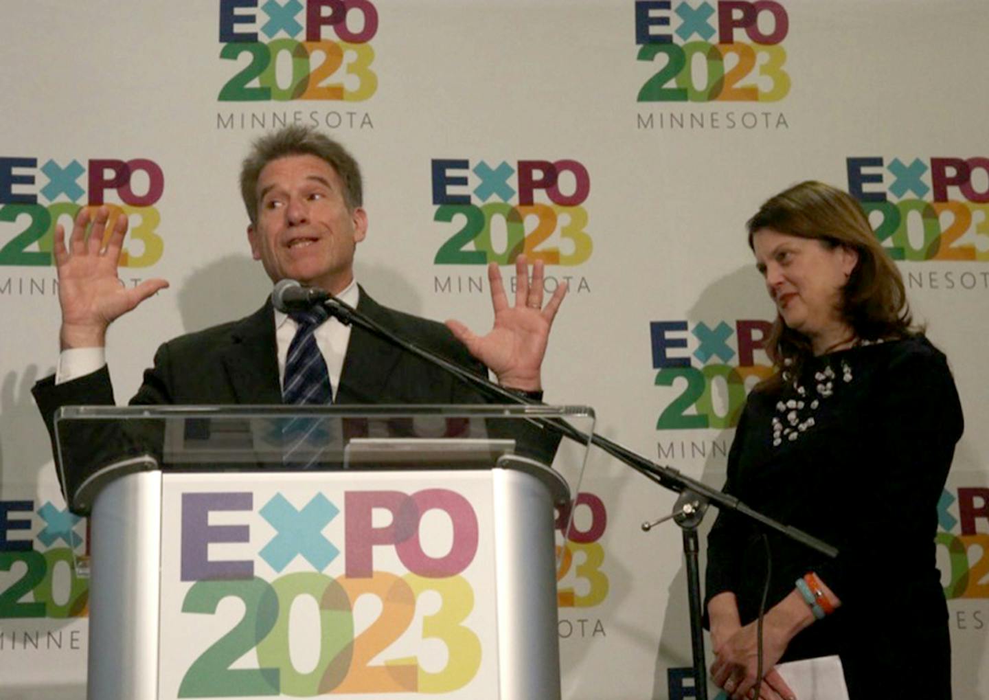 Mark Ritchie, bid director and Lois Quam, co-chair expo bid