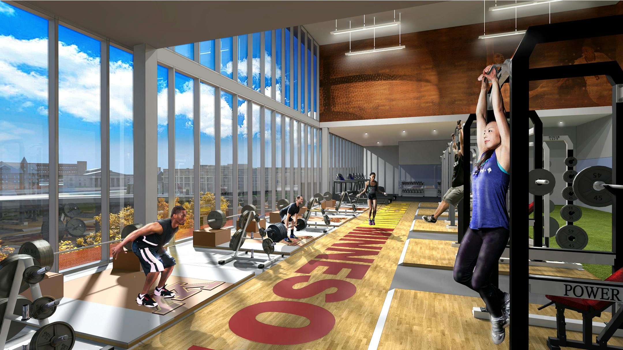 University of Minnesota rendering. Illustration of the basketball practice center's weight room.