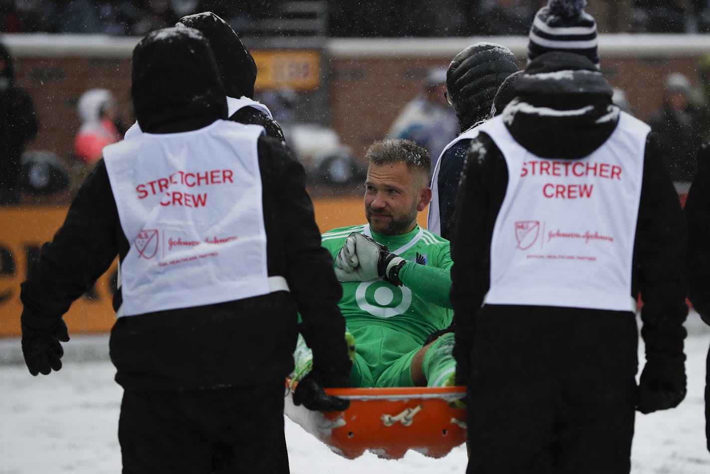 Minnesota United goalkeeper John Alvbage looked to the superfans in the endzone as he was hauled off the field after a collision in the second half. ] JEFF WHEELER &#xef; jeff.wheeler@startribune.com The MN United FC lost 6-1 to Atlanta United FC in their home opener Sunday afternoon, March 12, 2017 at TCF Bank Stadium in Minneapolis.