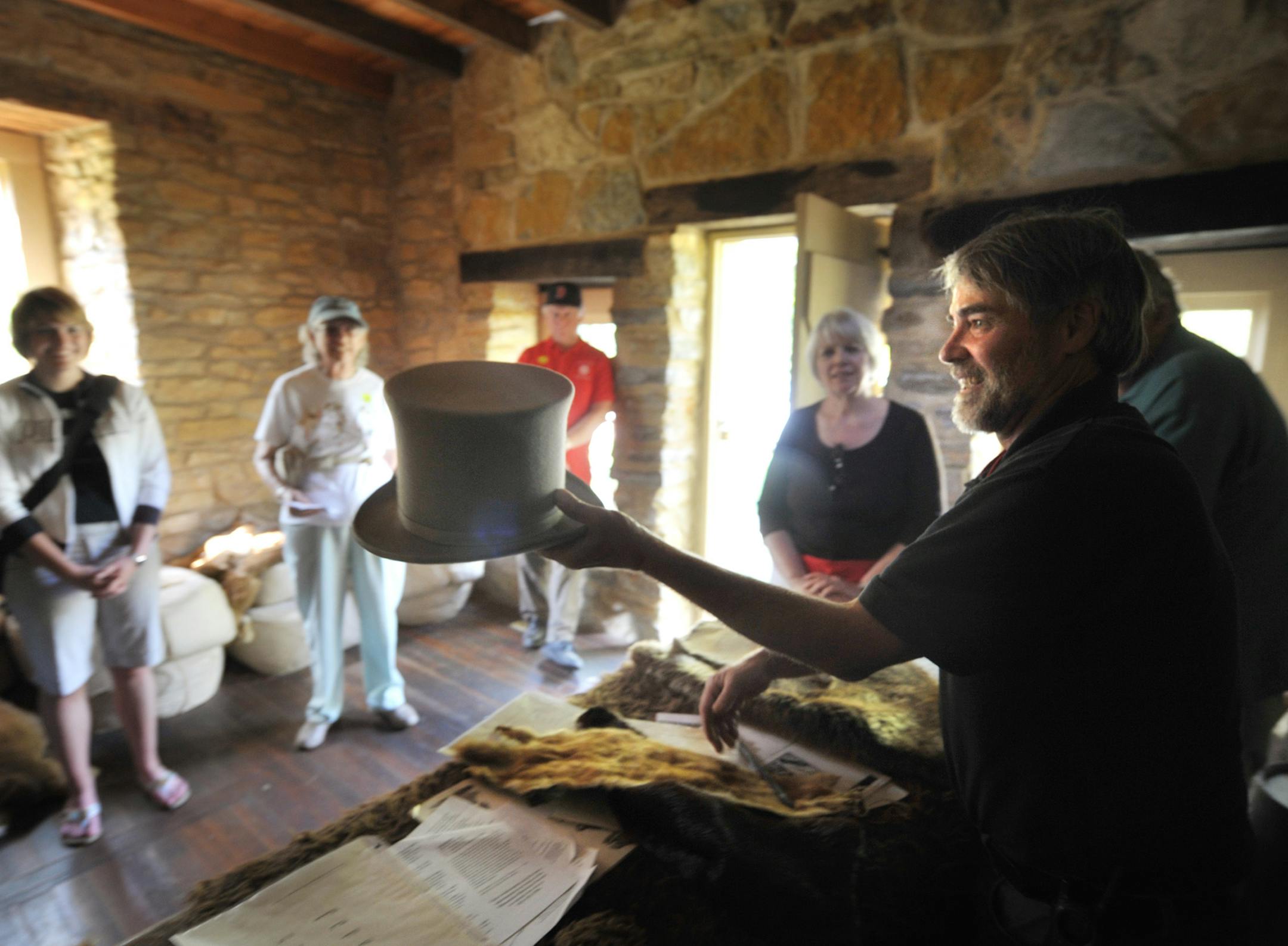 Wesley Stone showed off a beaver hat like one that could have been worn by Henry Sibley during a tour of the Sibley Historic Site's Cold Store, where fur trappers traded their furs for dry goods.