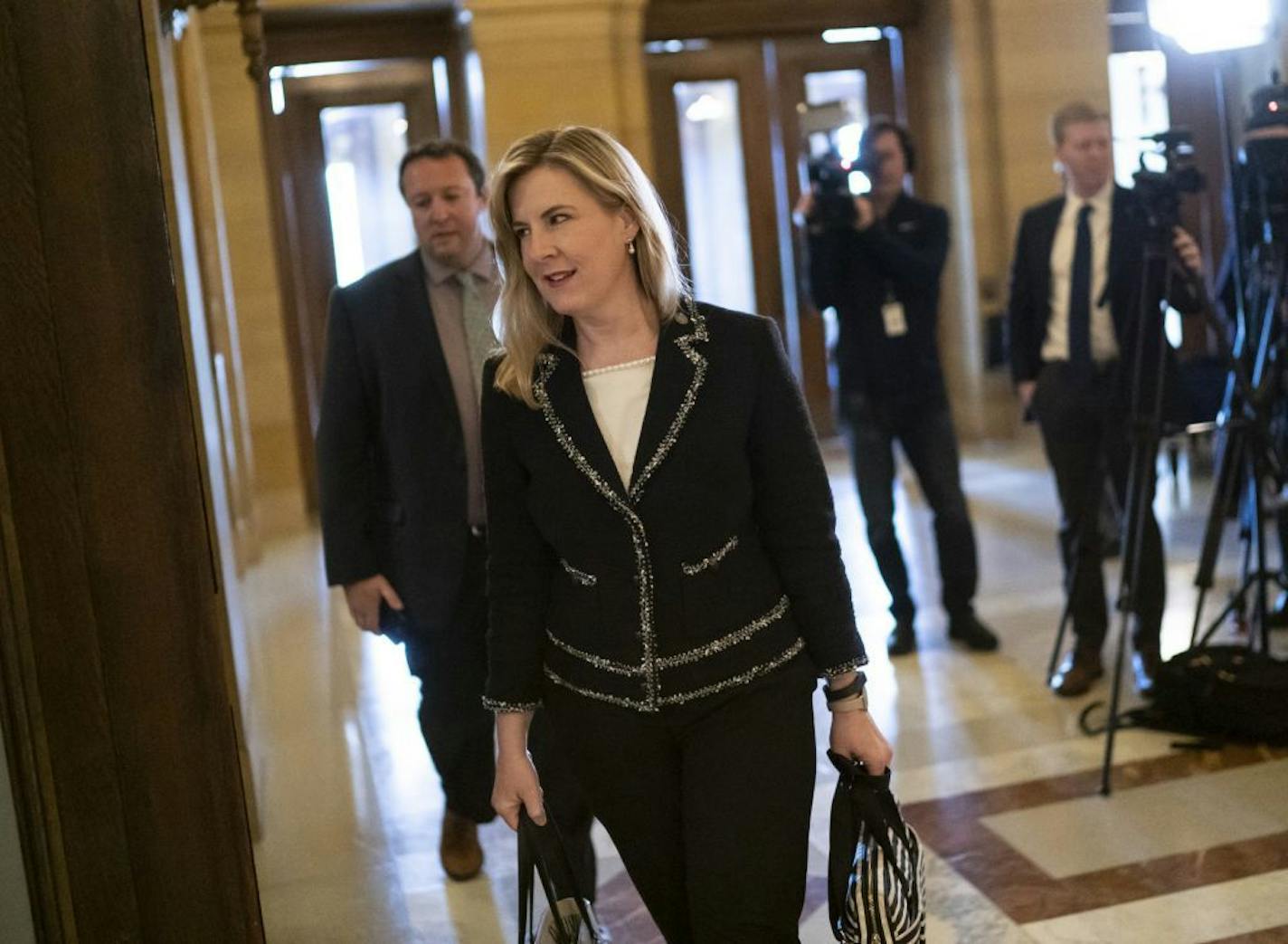 House Speaker Melissa Hortman arrived at the Governor's office mid-afternoon amid budget negotiations at the State Capitol in St. Paul, Minn., on Friday, May 17, 2019.