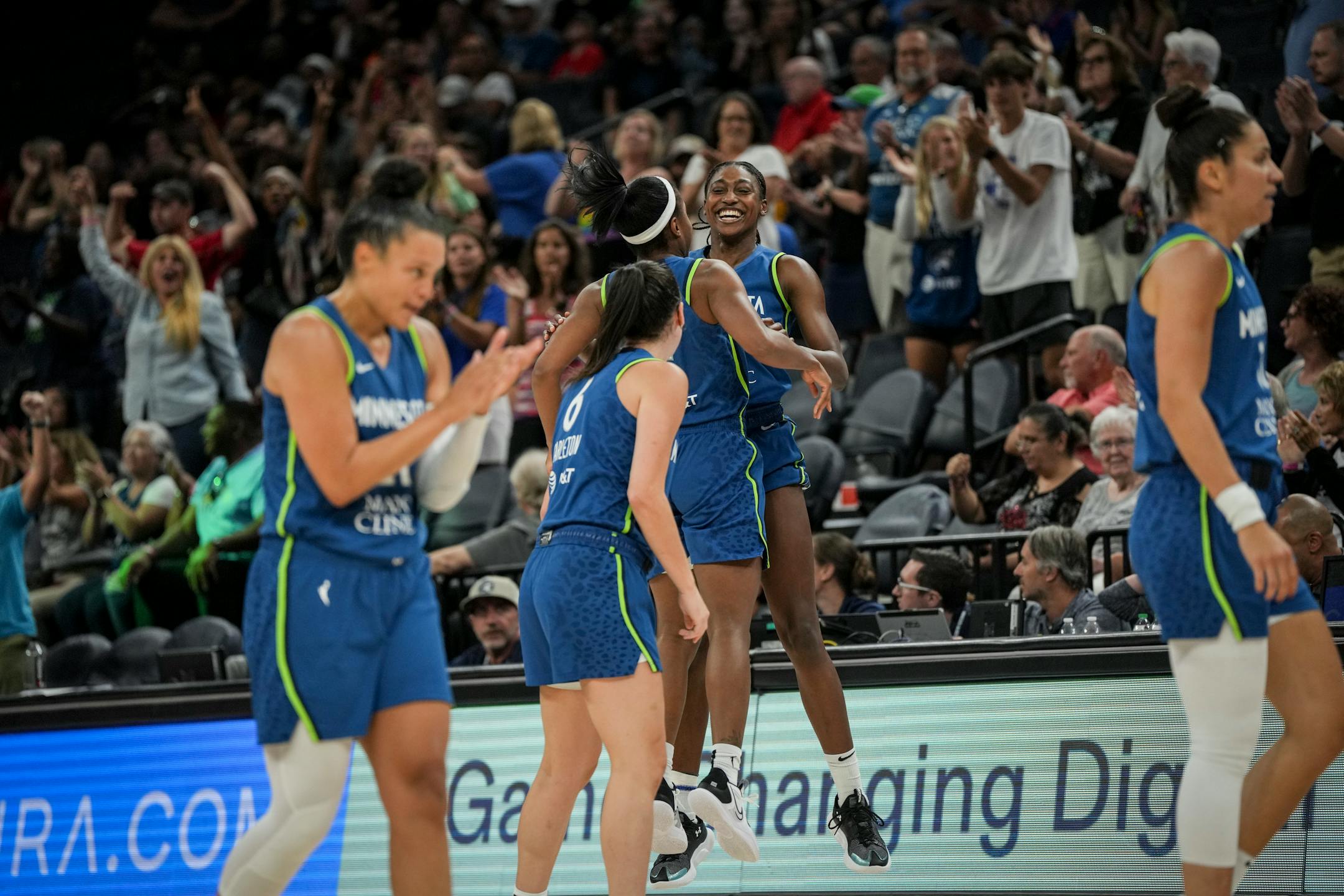 Minnesota Lynx guard Lindsay Allen (2) and Minnesota Lynx guard Diamond Miller (1) celebrate scoring in the last moments of the second half. The Minnesota Lynx defeated the Washington Mystics 97-92 at the Target Center on Wednesday, July 26, 2023 in Minneapolis, Minn. ] RENEE JONES SCHNEIDER • renee.jones@startribune.com