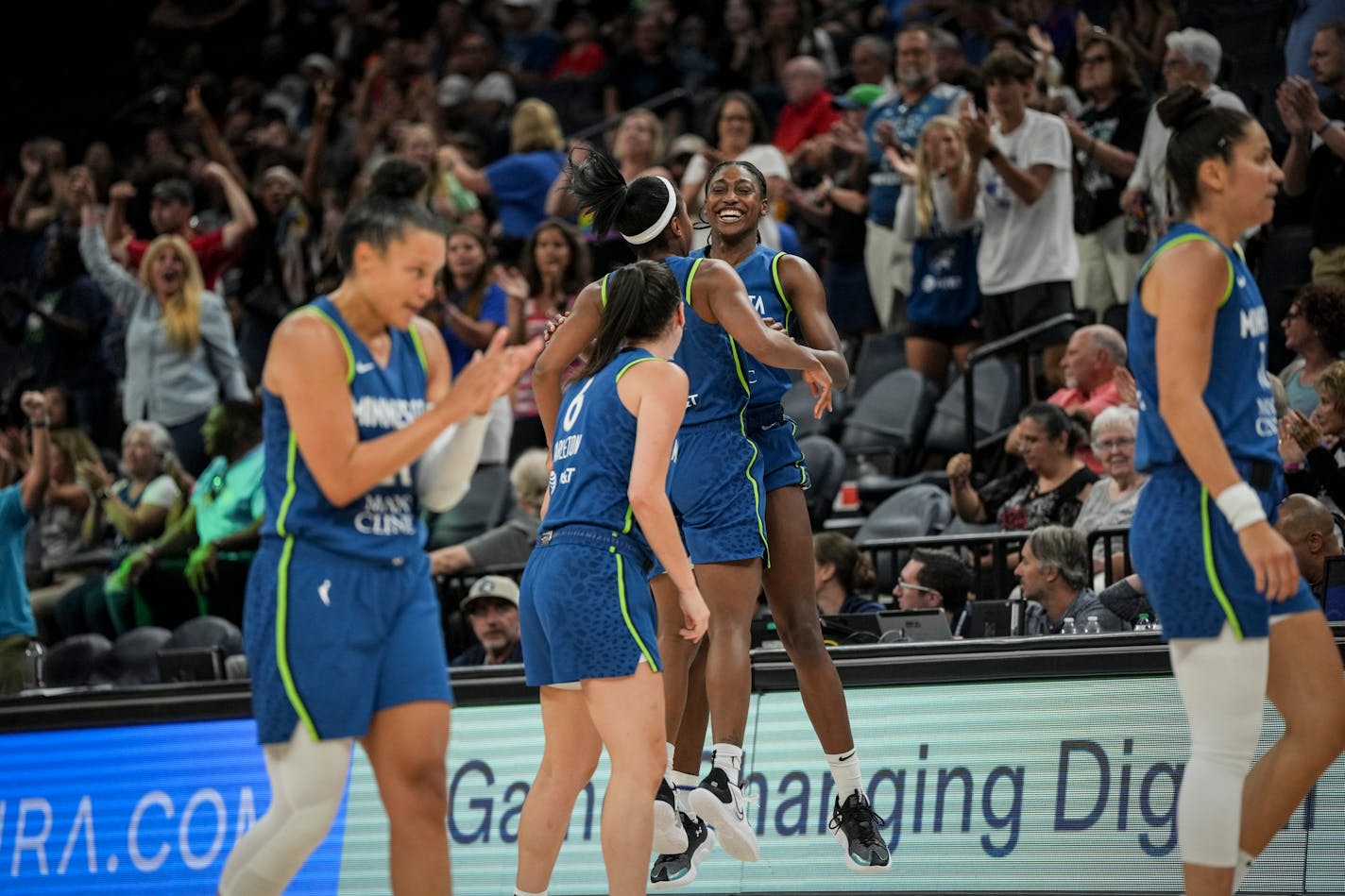 Minnesota Lynx guard Lindsay Allen (2) and Minnesota Lynx guard Diamond Miller (1) celebrate scoring in the last moments of the second half. The Minnesota Lynx defeated the Washington Mystics 97-92 at the Target Center on Wednesday, July 26, 2023 in Minneapolis, Minn. ] RENEE JONES SCHNEIDER • renee.jones@startribune.com