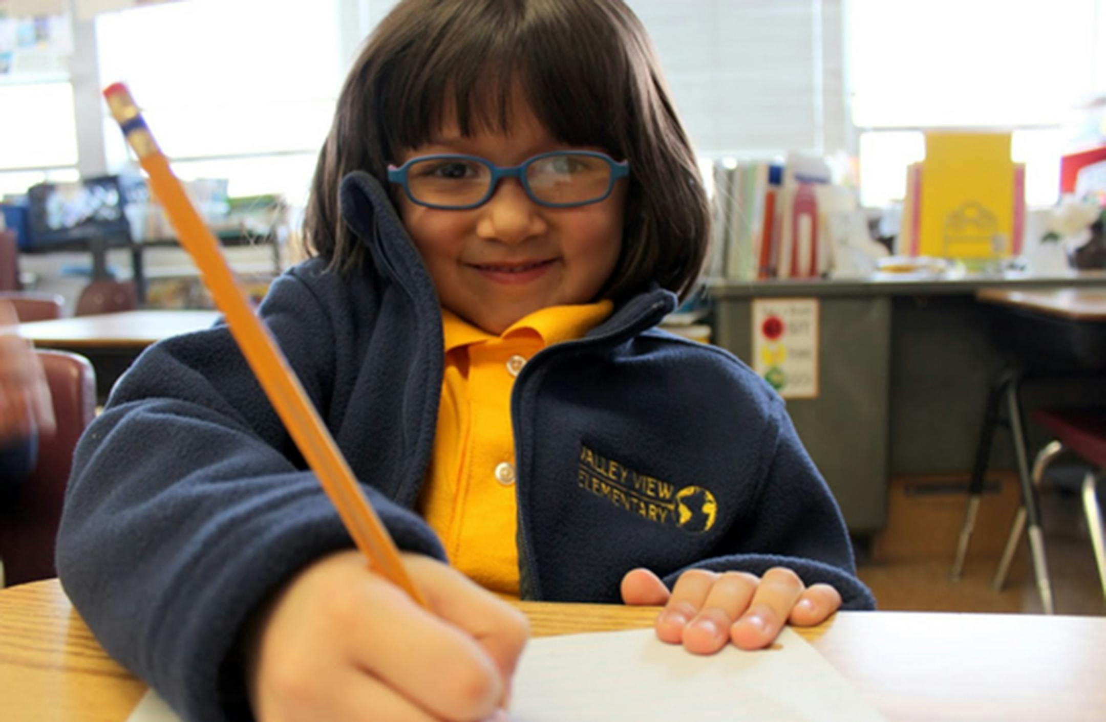 Kindergartener Izabella Guerrero models the new Valley View Elementary School uniform.