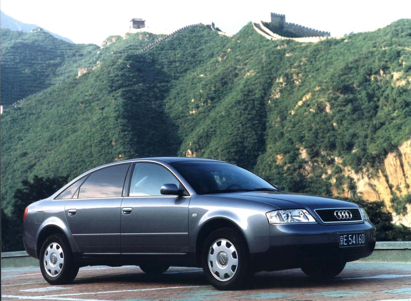 An A6 model of German car manufacturer Audi is seen in this undated handout photo in front of the China wall. Audi starts the production line of it's A6 in Changchun, China, on Monday Sept.6,1999, to produce 30,000 cars yearly. (AP Photo/HANDOUT/Audi)