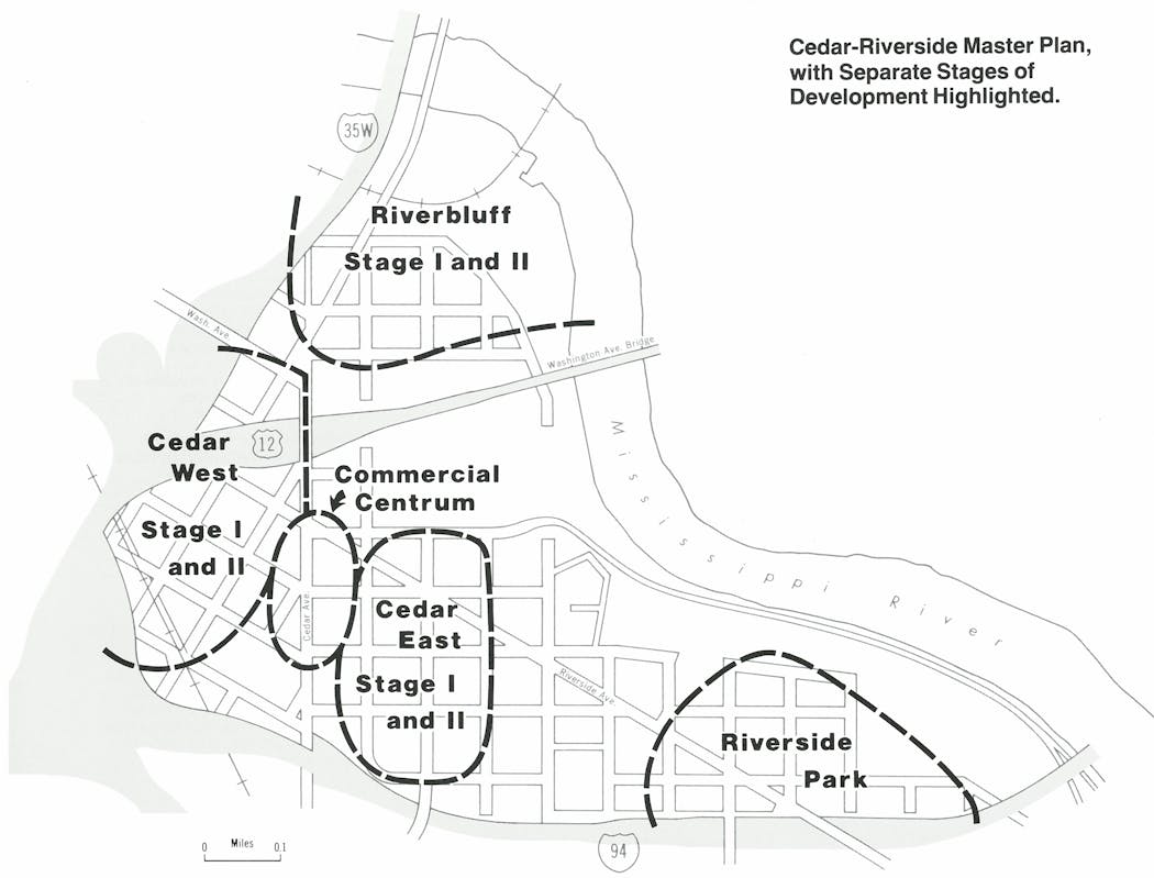 The master plan for the Cedar-Riverside area, as reproduced in the book 'Recycling the Central City.' The final plan had Cedar Square West as Stage I and the Riverbluff site as Stage II.