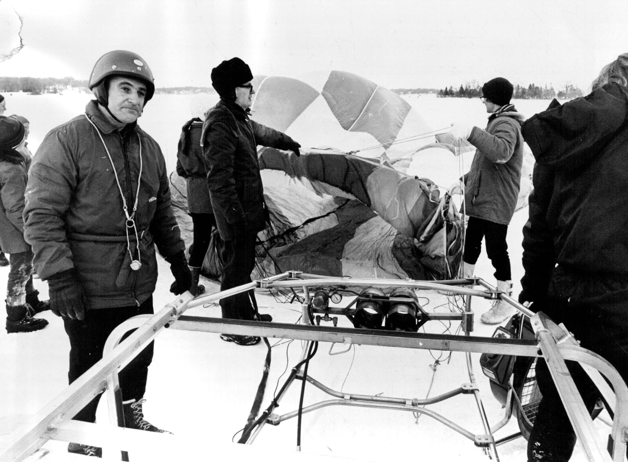 January 11, 1971: Jim Klobuchar with airplane and parachute.