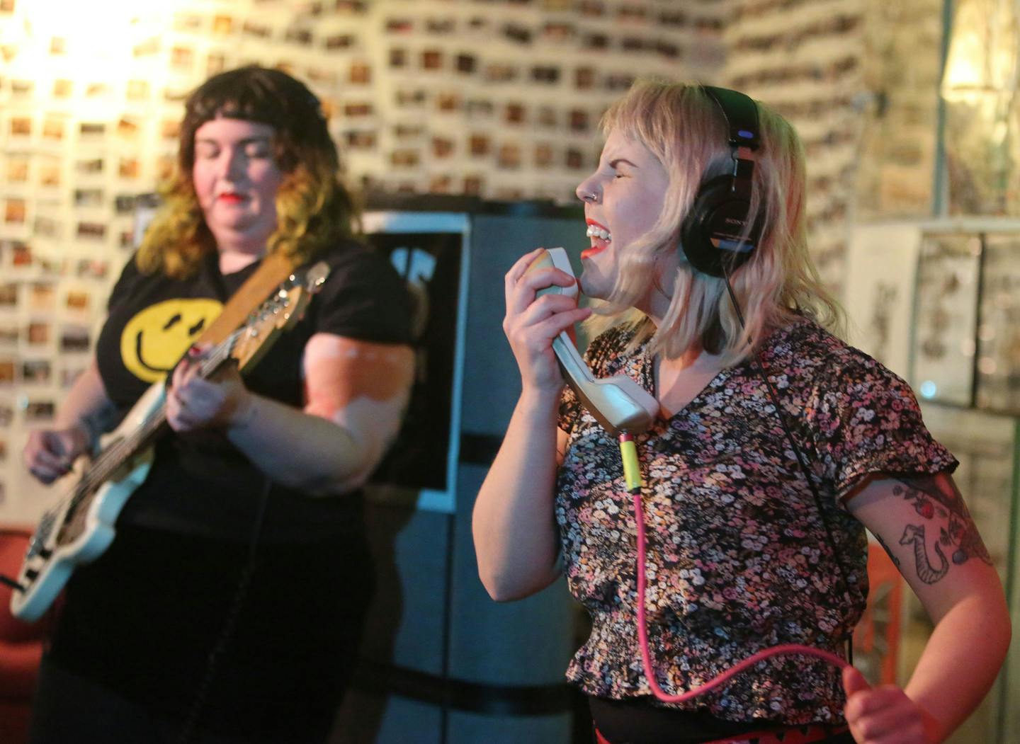 Members of the local trio Kitten Forever, including Liz Elton, left, on bass and Laura Larson, vocals, and Corrie Harrigan (not pictured) do a live show from material off their new album 7 Hearts Friday, March 26, 2016, at the University of M Minnesota student station Radio K in Minneapolis, MN.](DAVID JOLES/STARTRIBUNE)djoles@startribune.com The rise of local trio Kitten Forever, a lo-fi femini-snarl punk-rock group whose only instruments are bass, drums and a vintage telephone receiver.**Liz E