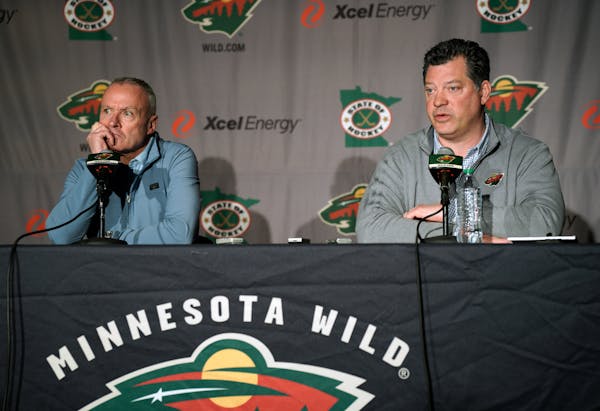 Wild General Manager Bill Guerin, right, and head coach Dean Evason met with reporters Tuesday at Xcel Energy Centertalk to the press about the team's