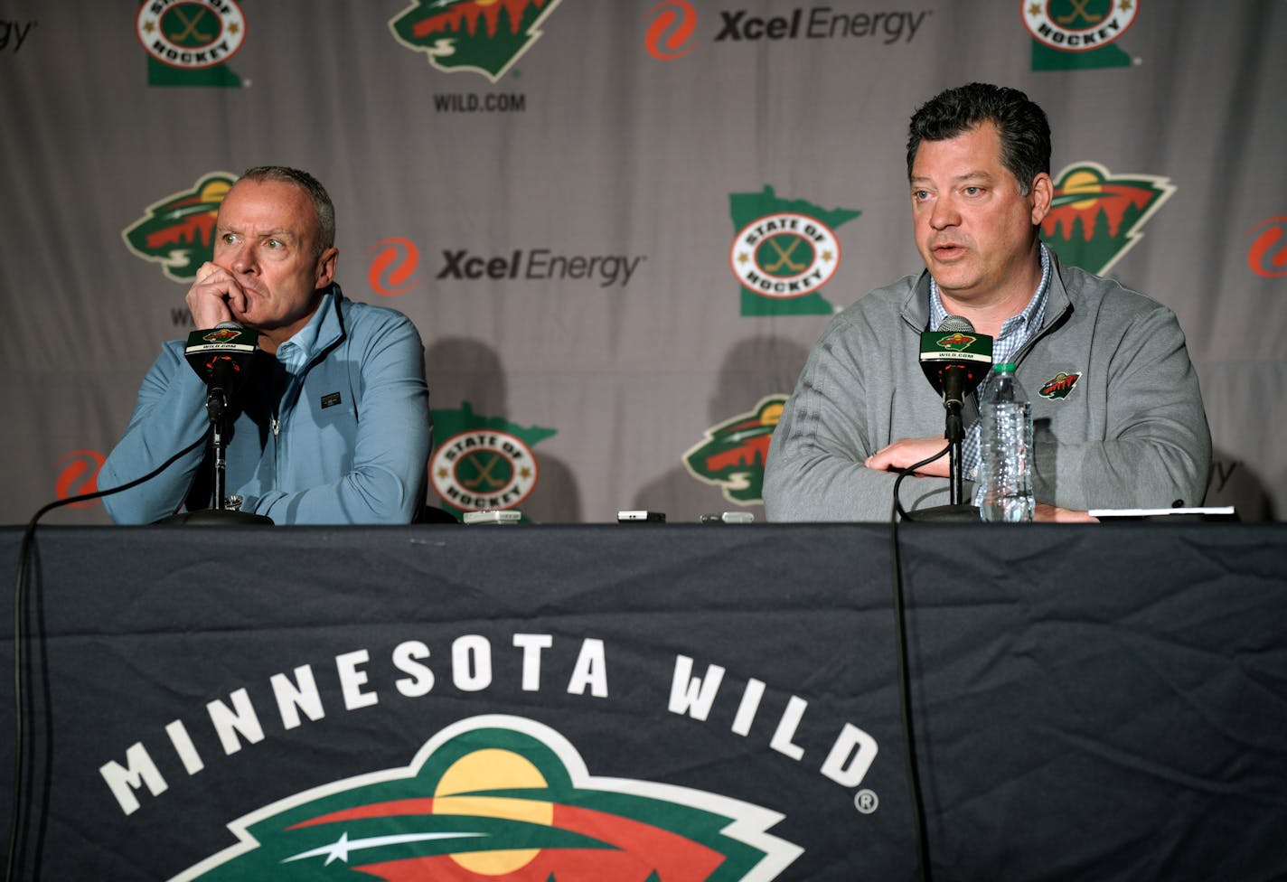 Wild General Manager Bill Guerin, right, and head coach Dean Evason met with reporters Tuesday at Xcel Energy Centertalk to the press about the team's disappointing end and look ahead at next challenges. Tuesday, May 2, 2023 in St. Paul, Minn. ] Brian Peterson • brian.peterson@startribune.com