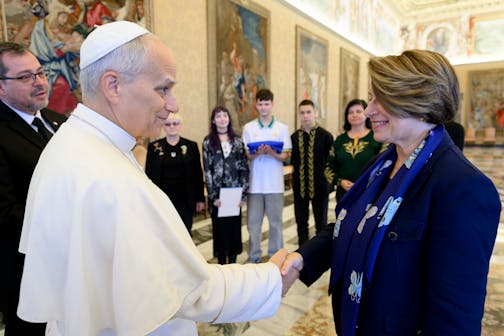 Minnesota U.S. Sen. Amy Klobuchar meets with Pope Leo XIV at the Vatican on Friday, Nov. 21, 2025.
