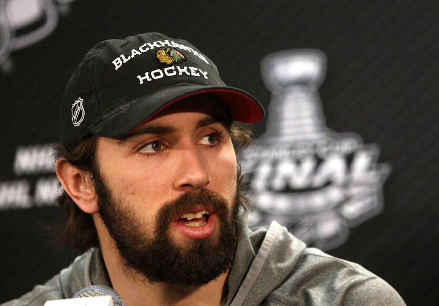 Chicago Blackhawks defenseman Nick Leddy responded to a question during the Stanley Cup Final. The former Gopher from Eden Prairie re-signed with the Blackhawks.