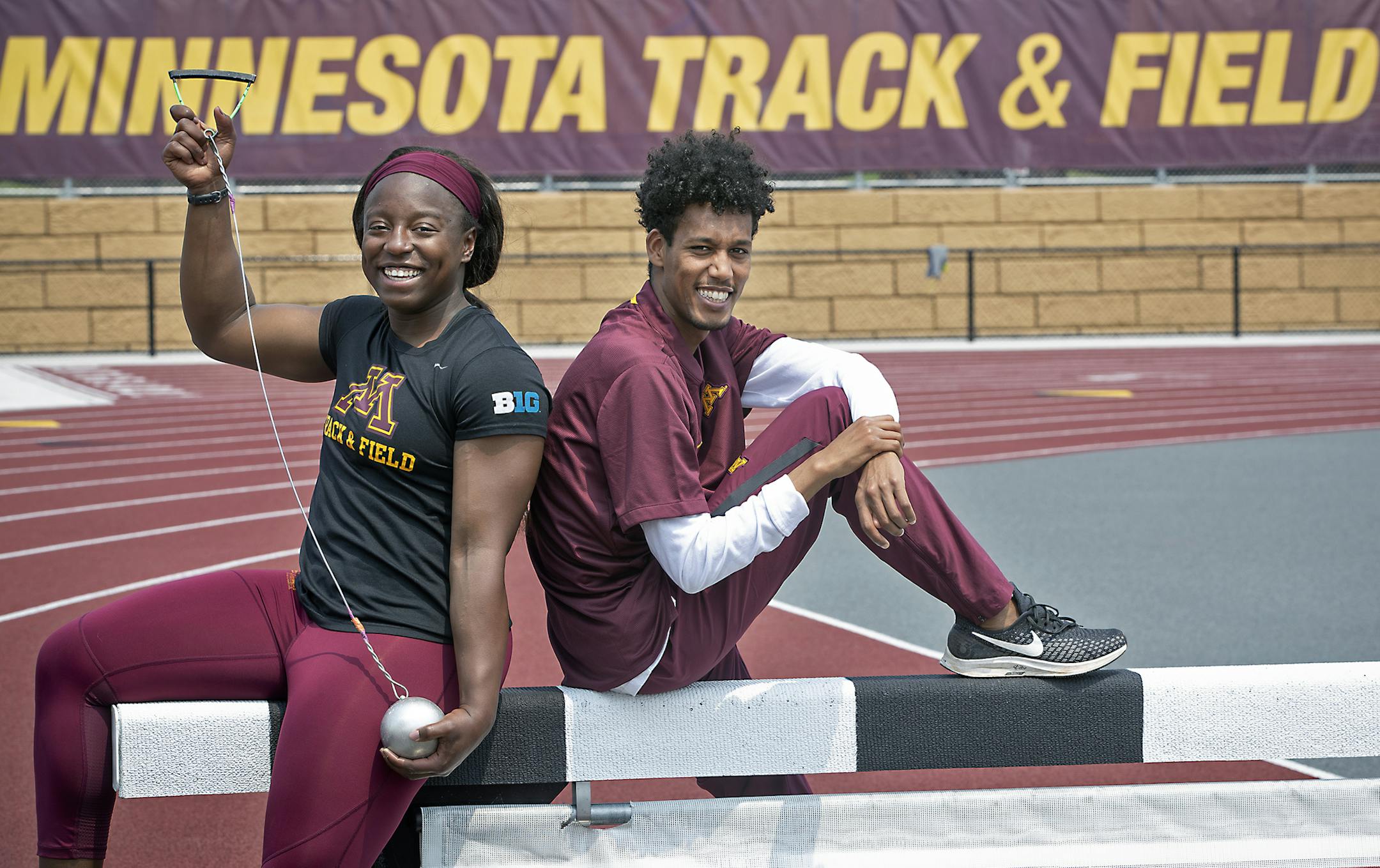 Gophers women's Big Ten, three-time hammer throw champion, Temi Ogunrinde , left, and Obsa Ali, the defending men's NCAA champ in steeplechase, at the U of M track field, Thursday, May 30, 2019 in Minneapolis, MN. ] ELIZABETH FLORES &#x2022; liz.flores@startribune.com