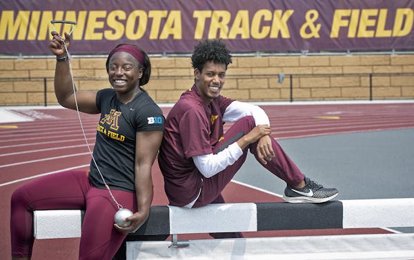 Gophers women's Big Ten, three-time hammer throw champion, Temi Ogunrinde , left, and Obsa Ali, the defending men's NCAA champ in steeplechase, at the