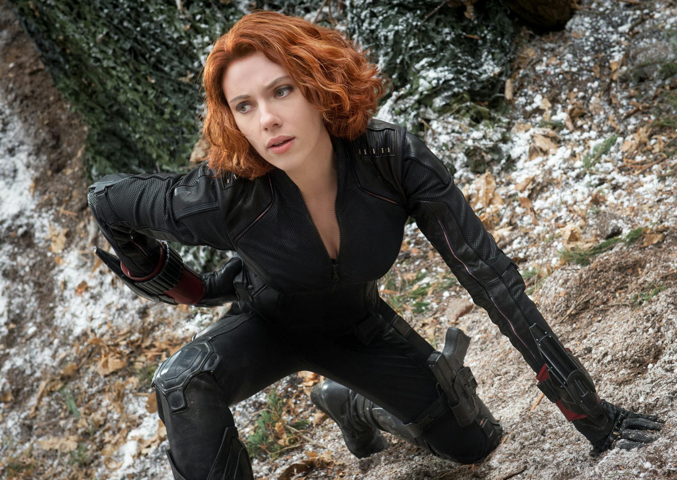 This photo provided by Disney/Marvel shows, Scarlett Johansson as Black Widow/Natasha Romanoff, in the film, "Avengers: Age Of Ultron." The movie releases in the U.S. on May 1, 2015. (Jay Maidment/Disney/Marvel via AP)